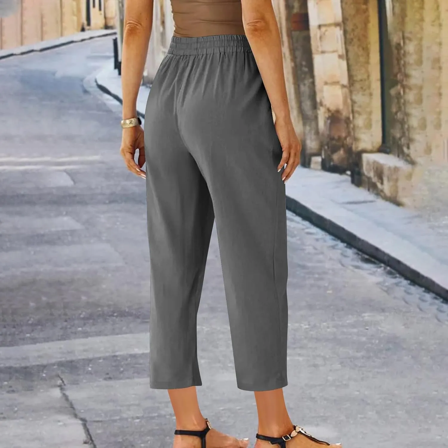 Lmdudan 2025 Plus Size Women Linen Crop Pants Drawstring Elastic Waist Capris Summer Lounge Cropped Pant Trousers with Pocket
