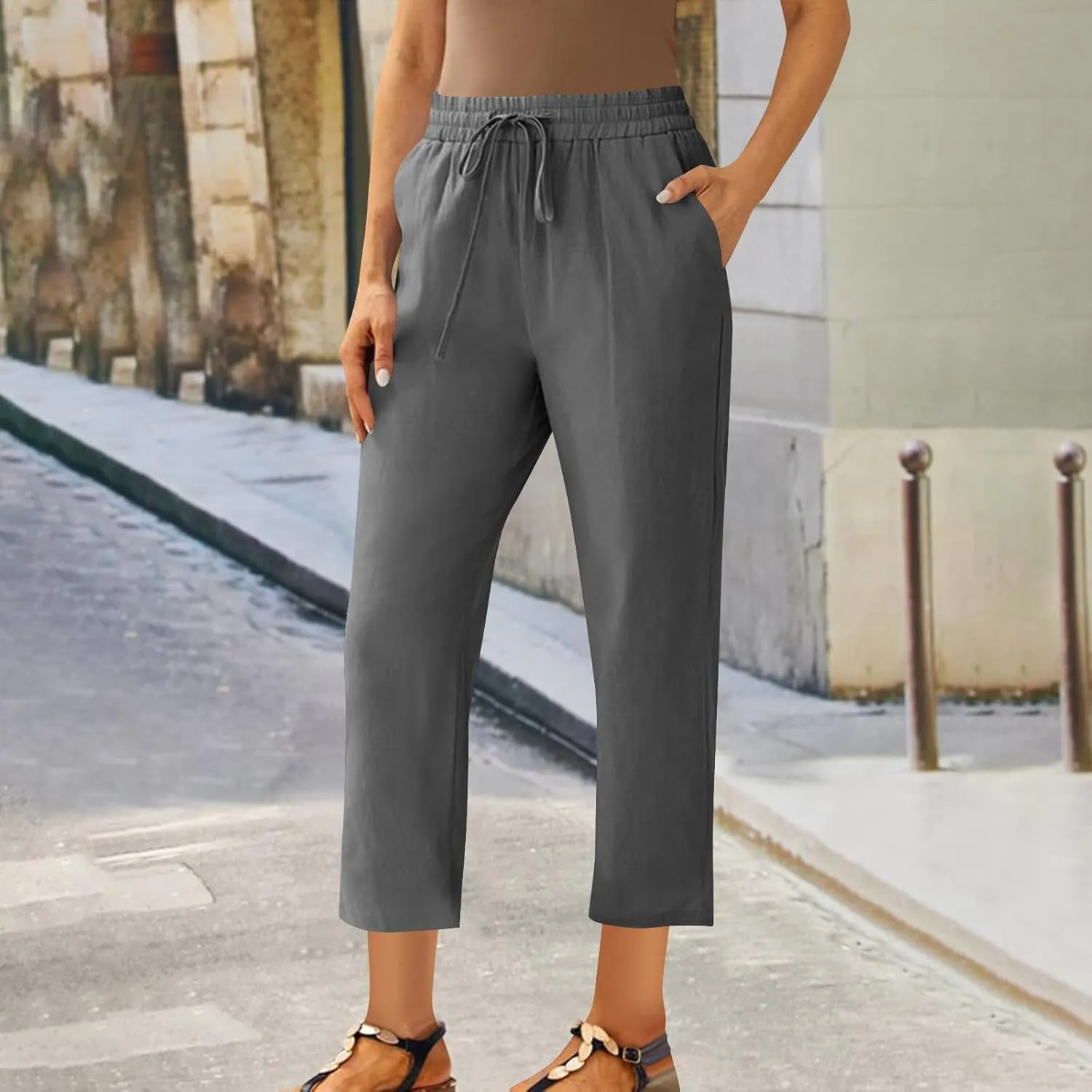 Lmdudan 2025 Plus Size Women Linen Crop Pants Drawstring Elastic Waist Capris Summer Lounge Cropped Pant Trousers with Pocket