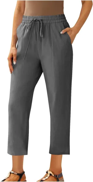 Lmdudan 2025 Plus Size Women Linen Crop Pants Drawstring Elastic Waist Capris Summer Lounge Cropped Pant Trousers with Pocket