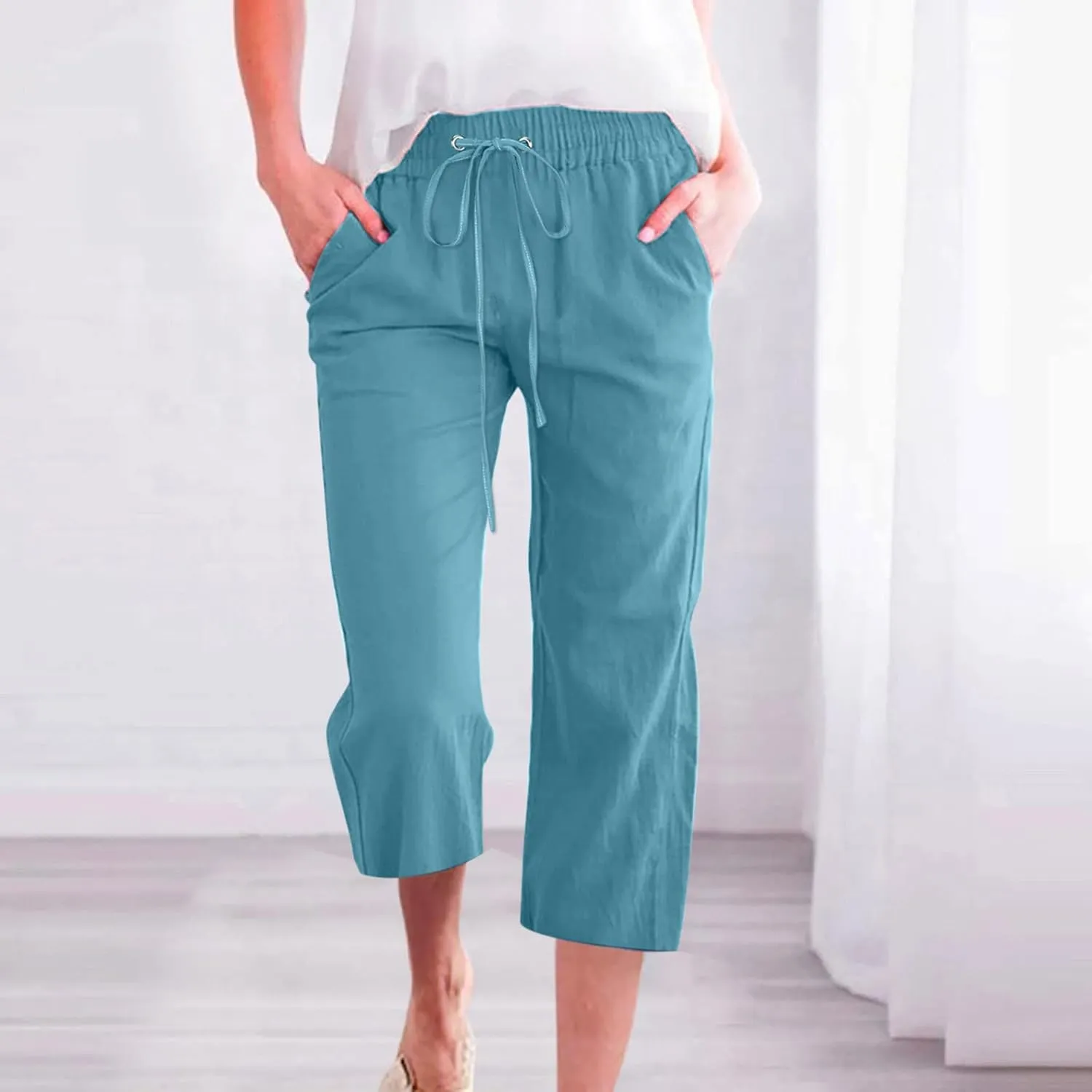 Lmdudan 2025 Summer Cotton Linen Capri Pants Women Drawstring Elastic Waist Casual Pant Straight Wide Leg Cropped Trousers