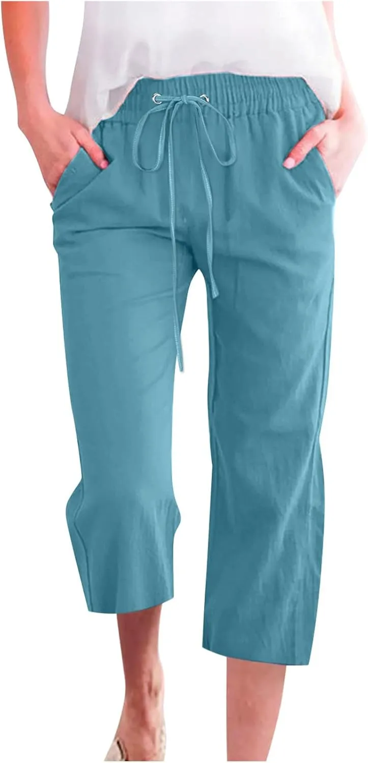 Lmdudan 2025 Summer Cotton Linen Capri Pants Women Drawstring Elastic Waist Casual Pant Straight Wide Leg Cropped Trousers