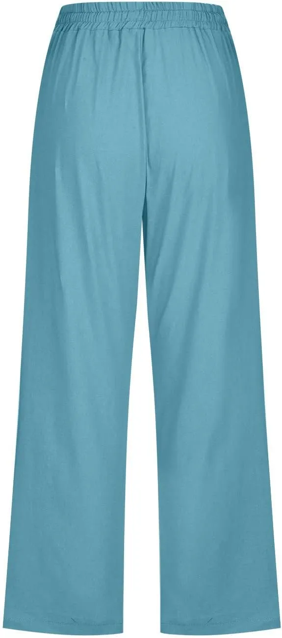 Lmdudan 2025 Summer Cotton Linen Capri Pants Women Drawstring Elastic Waist Casual Pant Straight Wide Leg Cropped Trousers