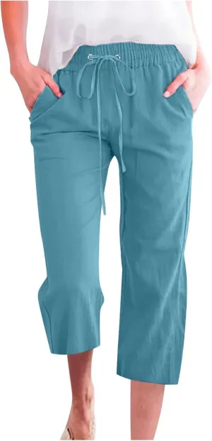 Lmdudan 2025 Summer Cotton Linen Capri Pants Women Drawstring Elastic Waist Casual Pant Straight Wide Leg Cropped Trousers
