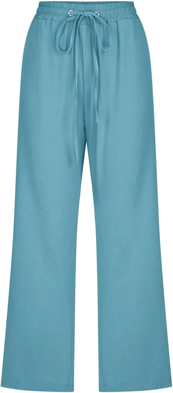 Lmdudan 2025 Summer Cotton Linen Capri Pants Women Drawstring Elastic Waist Casual Pant Straight Wide Leg Cropped Trousers