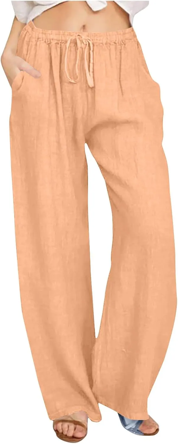 Lmdudan 2025 Womens Casual Linen High Waist Pants Drawstring Loose Fit Summer Pants Comfy Dressy Trousers with Pockets