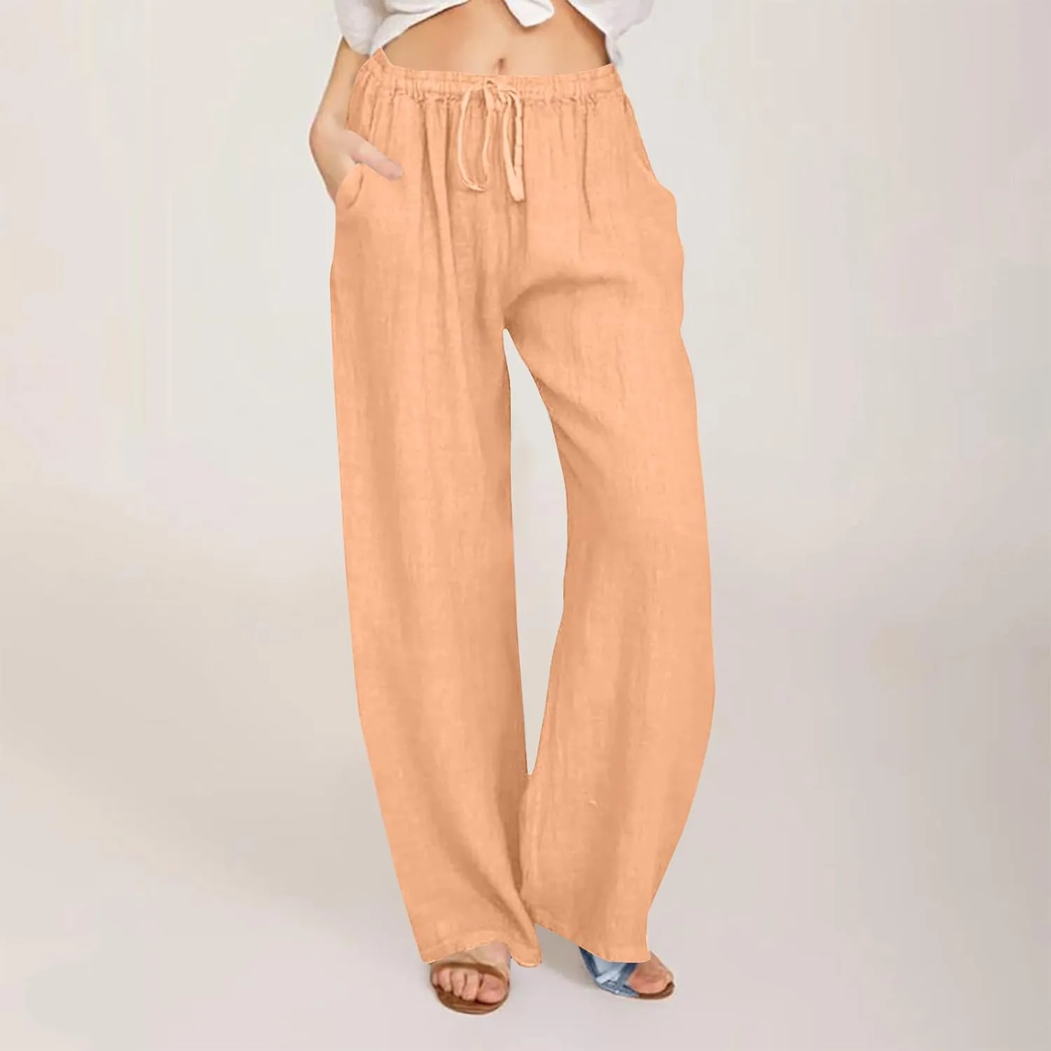 Lmdudan 2025 Womens Casual Linen High Waist Pants Drawstring Loose Fit Summer Pants Comfy Dressy Trousers with Pockets