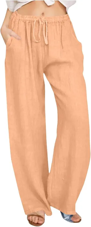 Lmdudan 2025 Womens Casual Linen High Waist Pants Drawstring Loose Fit Summer Pants Comfy Dressy Trousers with Pockets