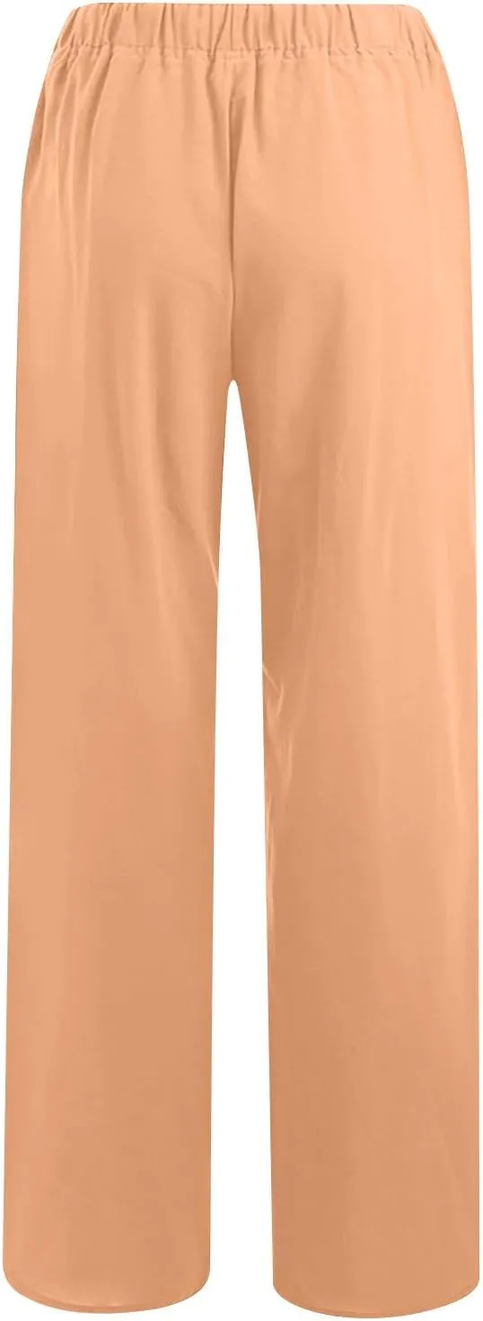 Lmdudan 2025 Womens Casual Linen High Waist Pants Drawstring Loose Fit Summer Pants Comfy Dressy Trousers with Pockets