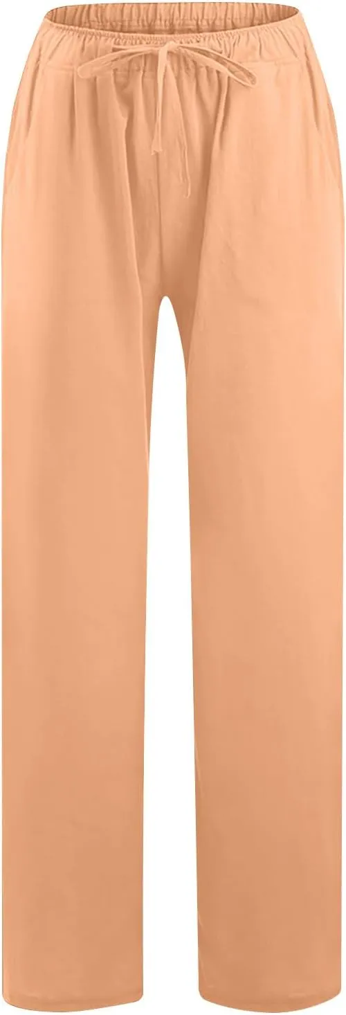 Lmdudan 2025 Womens Casual Linen High Waist Pants Drawstring Loose Fit Summer Pants Comfy Dressy Trousers with Pockets