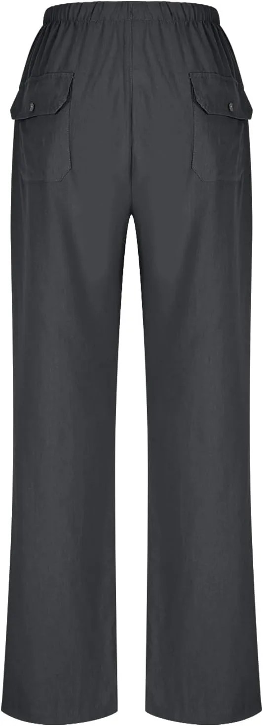 Lmdudan Plus Size Women Linen Pants Wide Leg Palazzo Pant Cotton Linen Drawstring Summer Lightweight Trousers with Pockets