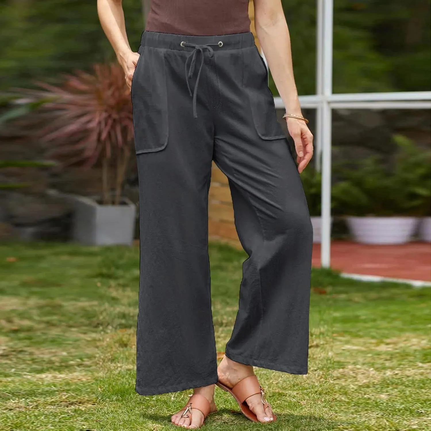 Lmdudan Plus Size Women Linen Pants Wide Leg Palazzo Pant Cotton Linen Drawstring Summer Lightweight Trousers with Pockets
