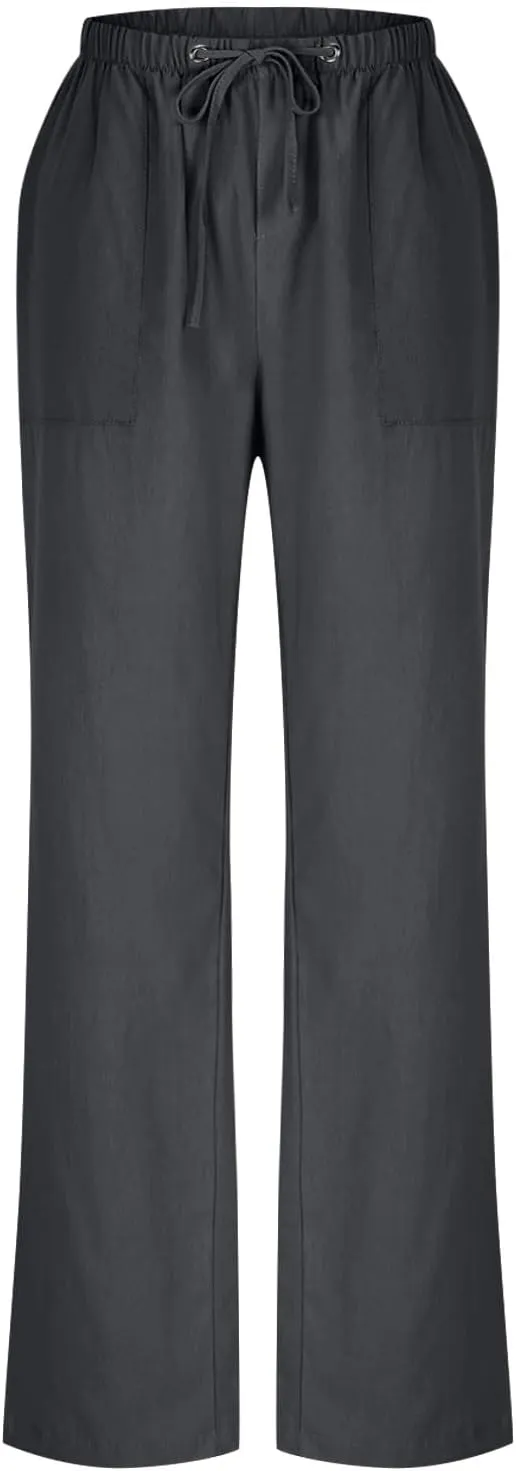 Lmdudan Plus Size Women Linen Pants Wide Leg Palazzo Pant Cotton Linen Drawstring Summer Lightweight Trousers with Pockets