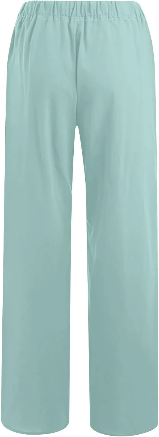 Lmdudan Wide Leg Linen Pants Women Drawstring Elastic Waist Palazzo Pants Casual Dressy Trousers Summer Clothes with Pockets