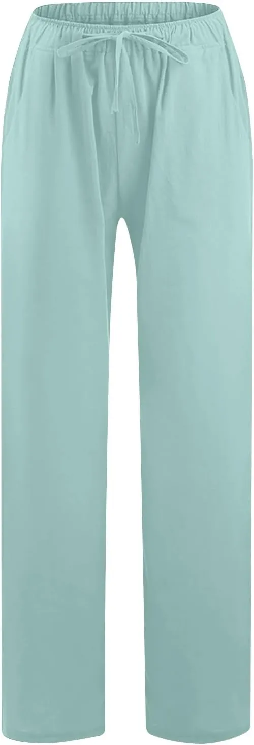 Lmdudan Wide Leg Linen Pants Women Drawstring Elastic Waist Palazzo Pants Casual Dressy Trousers Summer Clothes with Pockets