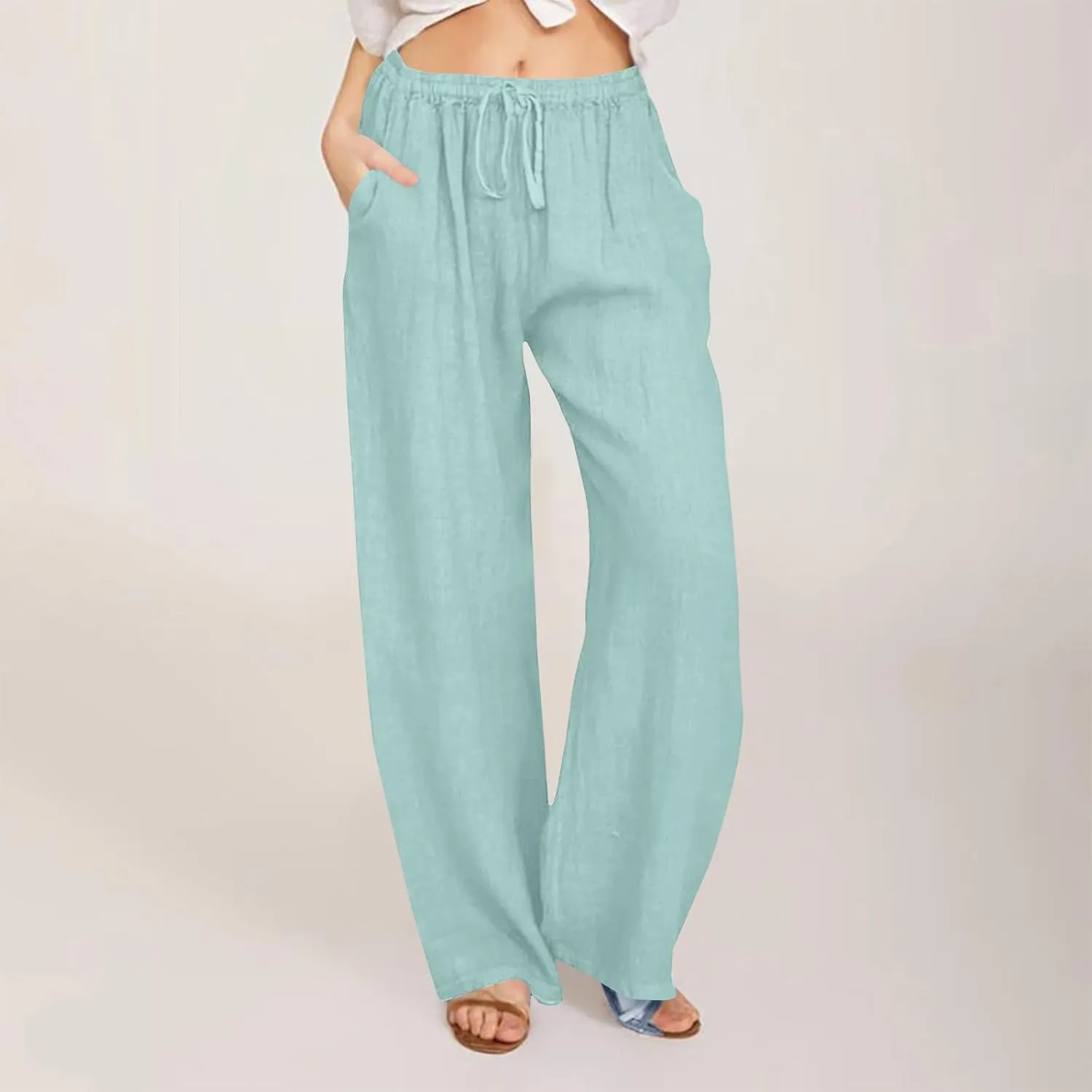 Lmdudan Wide Leg Linen Pants Women Drawstring Elastic Waist Palazzo Pants Casual Dressy Trousers Summer Clothes with Pockets