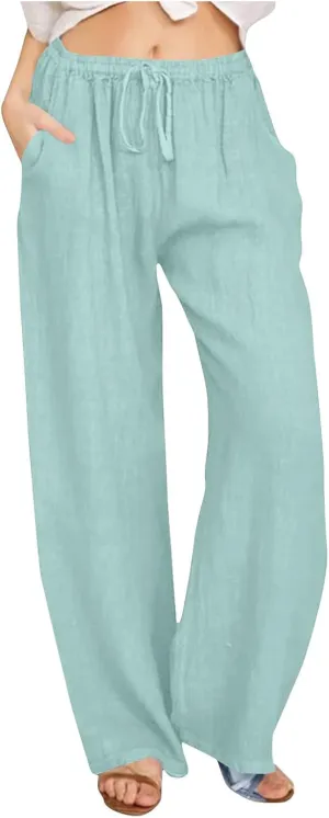 Lmdudan Wide Leg Linen Pants Women Drawstring Elastic Waist Palazzo Pants Casual Dressy Trousers Summer Clothes with Pockets