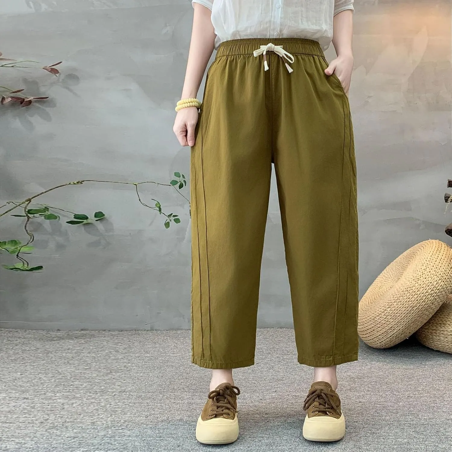 Lmdudan Women Linen Cotton Capri Pants Loose Fit Elastic Waist Wide Leg Baggy Pants 2025 Summer Drawstring Cropped Trousers