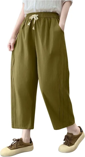 Lmdudan Women Linen Cotton Capri Pants Loose Fit Elastic Waist Wide Leg Baggy Pants 2025 Summer Drawstring Cropped Trousers