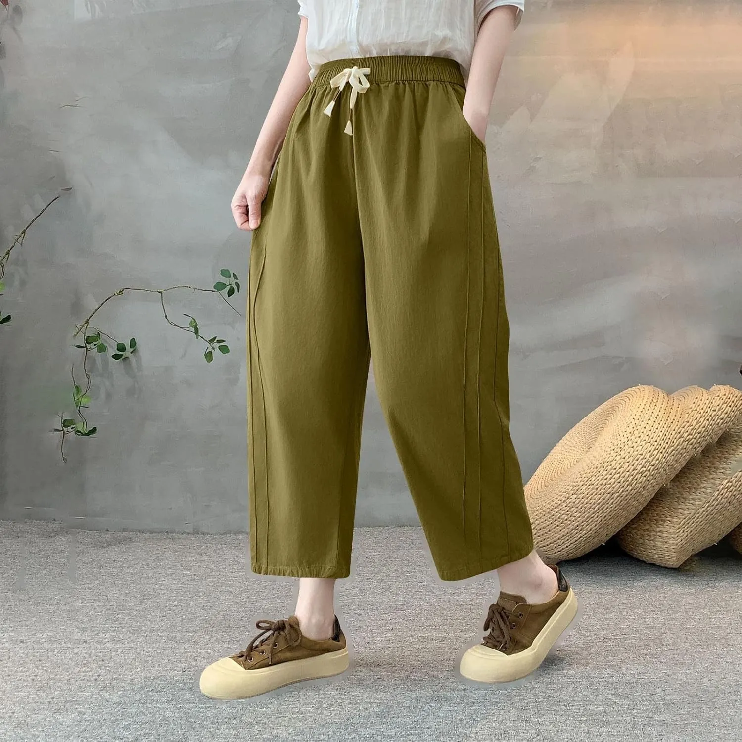 Lmdudan Women Linen Cotton Capri Pants Loose Fit Elastic Waist Wide Leg Baggy Pants 2025 Summer Drawstring Cropped Trousers