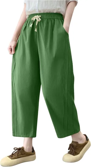 Lmdudan Women Linen Cotton Capri Pants Loose Fit Elastic Waist Wide Leg Baggy Pants 2025 Summer Drawstring Cropped Trousers