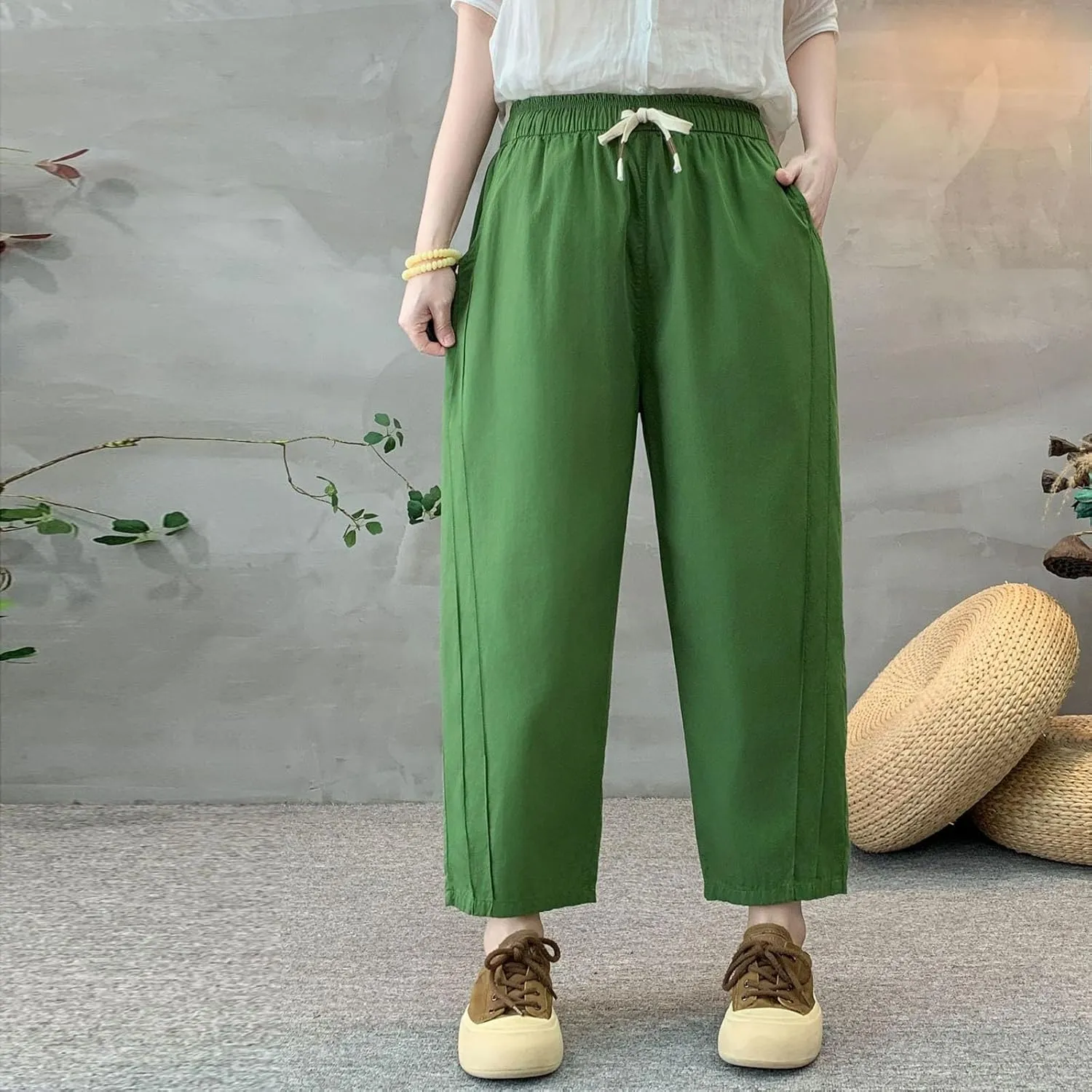 Lmdudan Women Linen Cotton Capri Pants Loose Fit Elastic Waist Wide Leg Baggy Pants 2025 Summer Drawstring Cropped Trousers