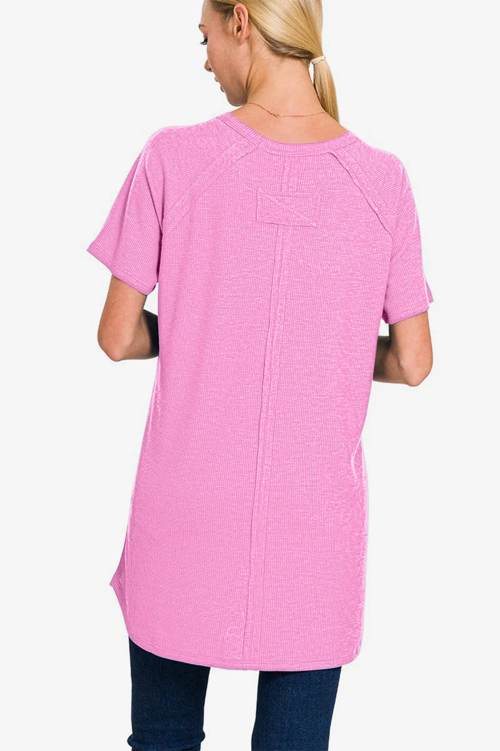 Long Pink Tunic For Women Zenana Slit Round Neck Short Sleeve Waffle Top