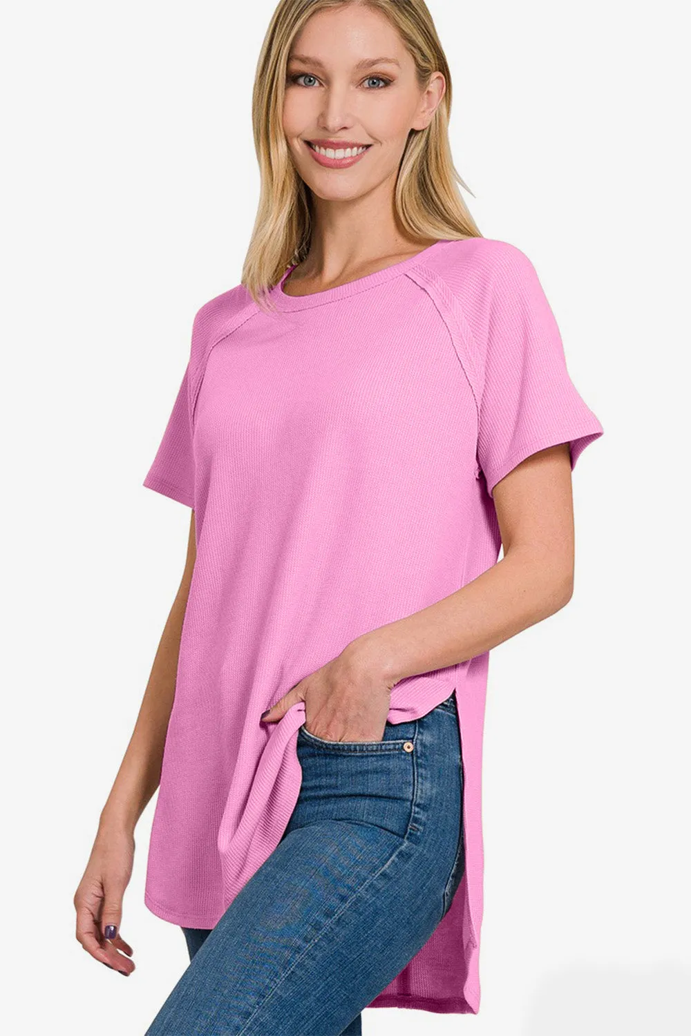 Long Pink Tunic For Women Zenana Slit Round Neck Short Sleeve Waffle Top