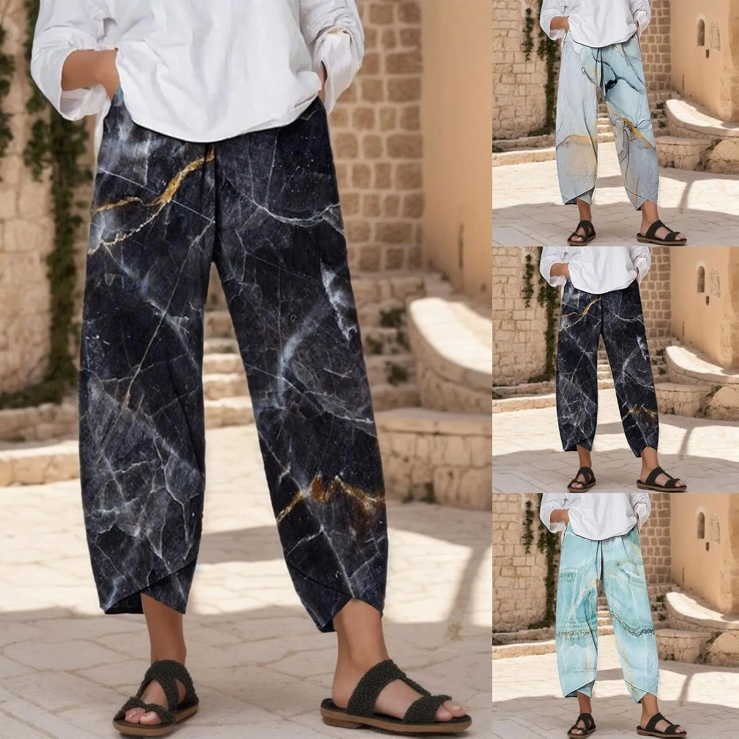 Lounge Linen Pants Women Casual Summer Loose Solid Color Straight Leg Beach High Waist Linen Pants Plus Size Lounge Trousers