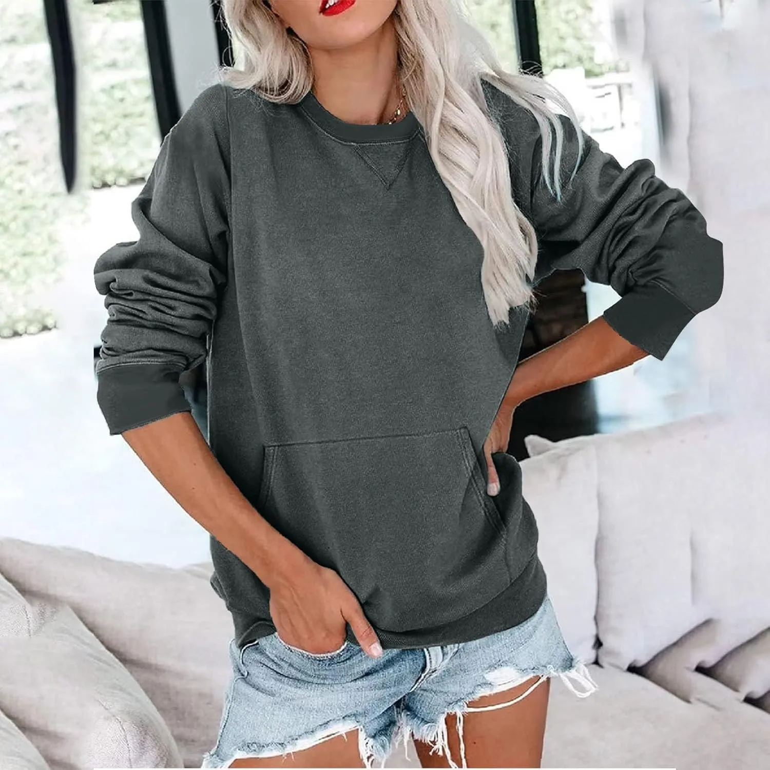 LRMQS Sweatshirt for Women Crewneck Trendy Long Sleeve Shirts with Pocket Fall Fashion 2024 Casual Cute Pullover Clothes