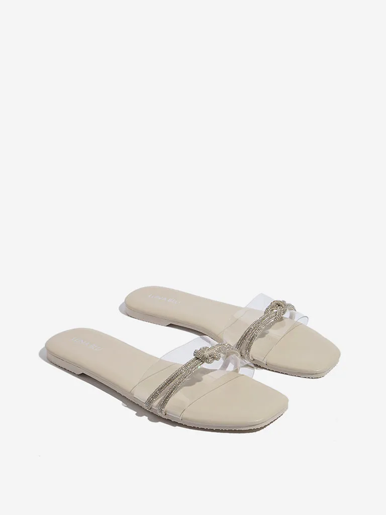 LUNA BLU Beige Diamante Embellished Vinyl Strap Slides