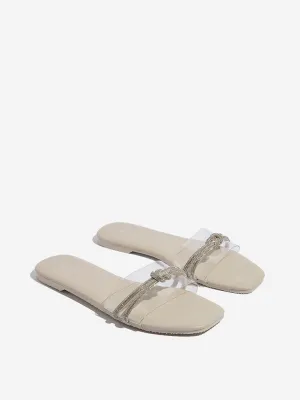 LUNA BLU Beige Diamante Embellished Vinyl Strap Slides