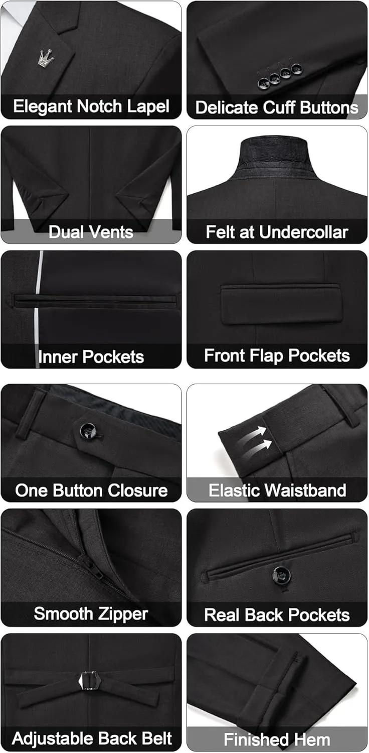 MAGE MALE Mens Suits Slim Fit 3 Piece Tuxedo Suit One Button Solid Prom Wedding Party Blazer Vest Pants Set with Tie