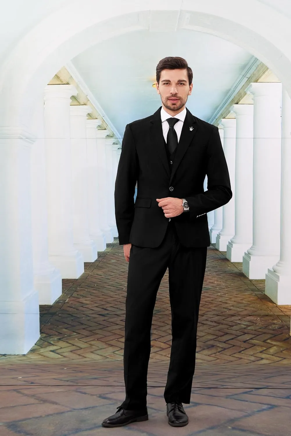 MAGE MALE Mens Suits Slim Fit 3 Piece Tuxedo Suit One Button Solid Prom Wedding Party Blazer Vest Pants Set with Tie