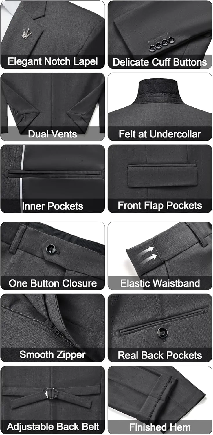 MAGE MALE Mens Suits Slim Fit 3 Piece Tuxedo Suit One Button Solid Prom Wedding Party Blazer Vest Pants Set with Tie