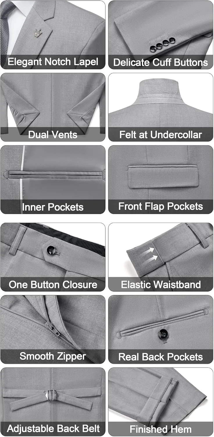 MAGE MALE Mens Suits Slim Fit 3 Piece Tuxedo Suit One Button Solid Prom Wedding Party Blazer Vest Pants Set with Tie