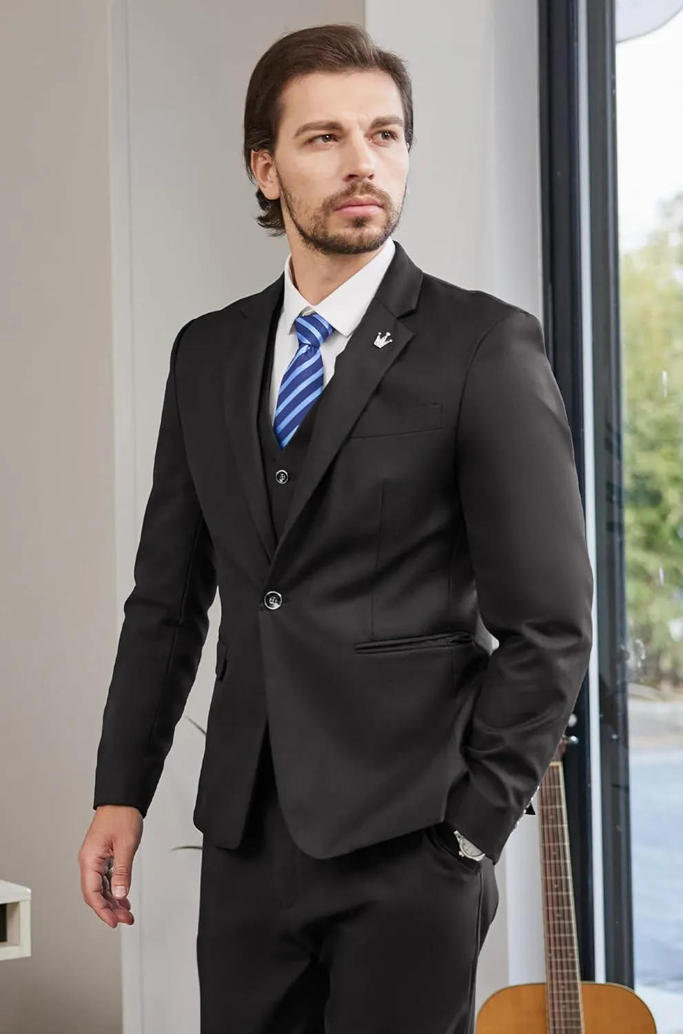 MAGE MALE Mens Suits Slim Fit 3 Piece Tuxedo Suit One Button Solid Prom Wedding Party Blazer Vest Pants Set with Tie