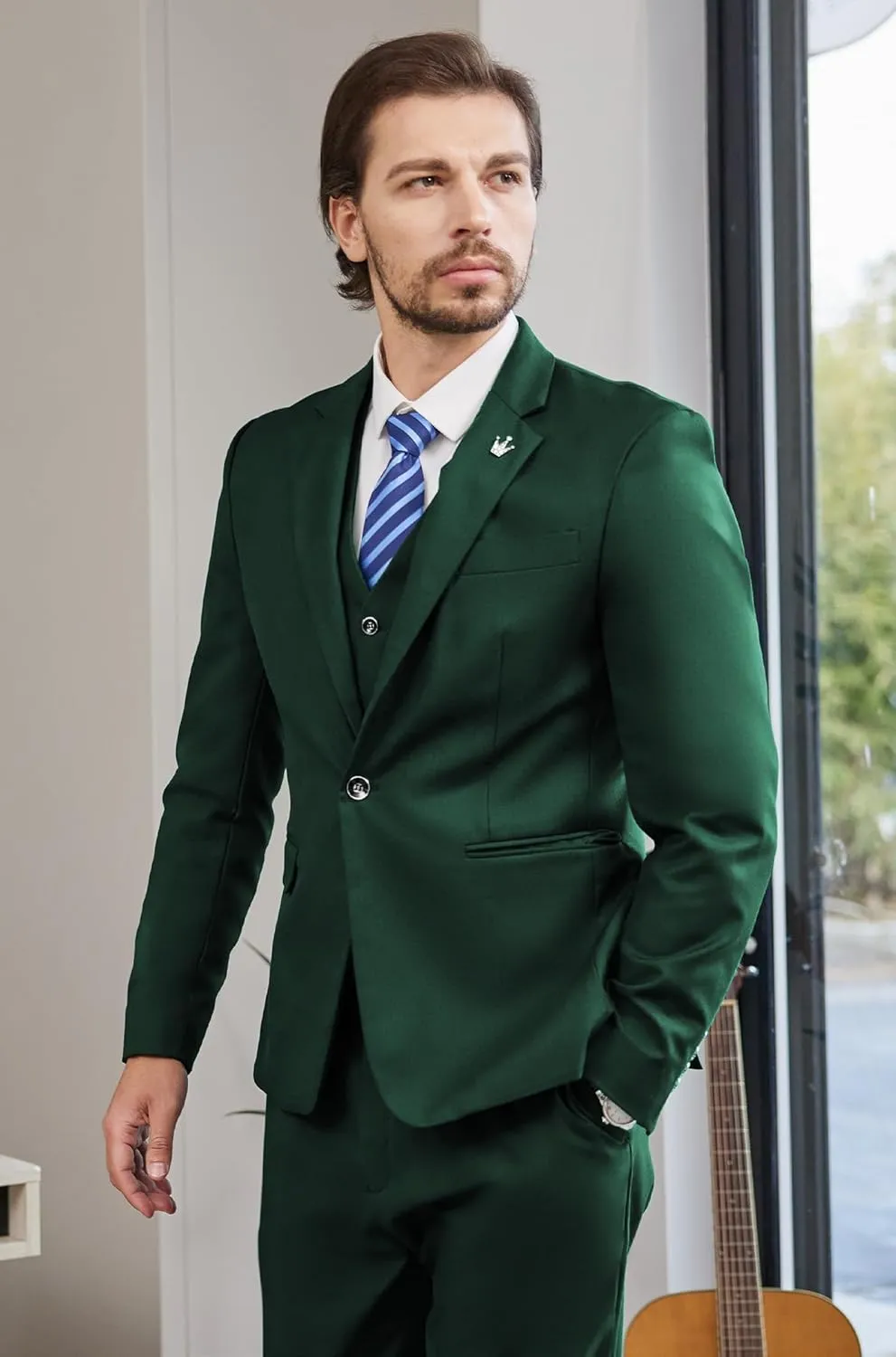 MAGE MALE Mens Suits Slim Fit 3 Piece Tuxedo Suit One Button Solid Prom Wedding Party Blazer Vest Pants Set with Tie