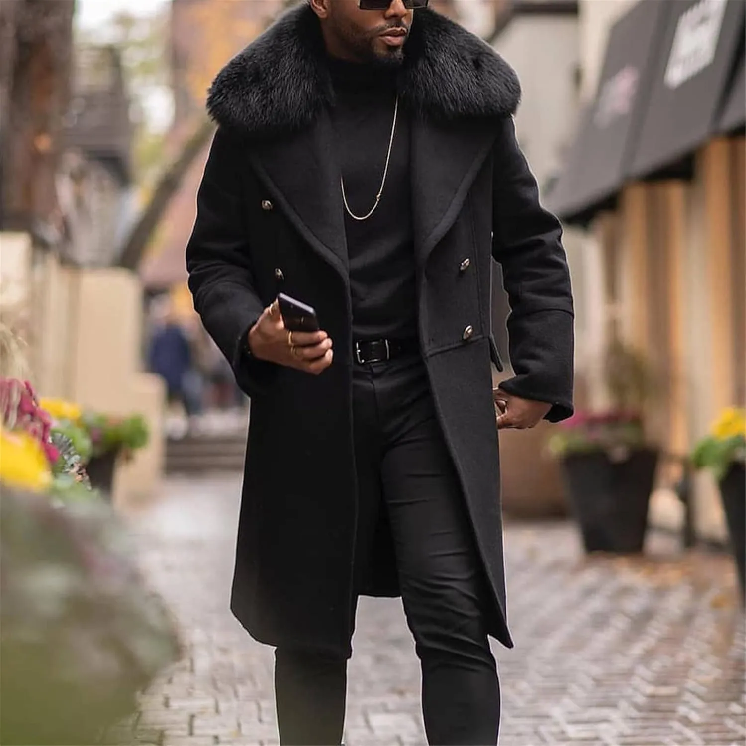Maiyifu-GJ Men's Wool Blend Long Pea Coat Slim Fit Double Breasted Trench Coats Winter Warm Mid-Length Jackets Overcoat