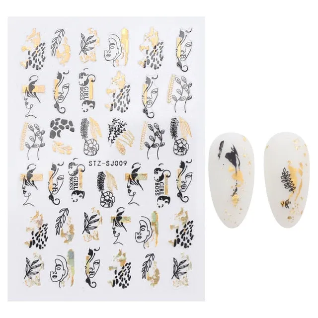 Manicure Stickers White Laser Gold Fall Leaves Decals Sliders Nail Art Decor