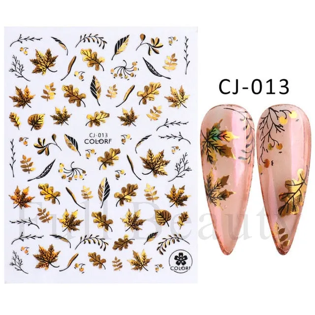 Manicure Stickers White Laser Gold Fall Leaves Decals Sliders Nail Art Decor