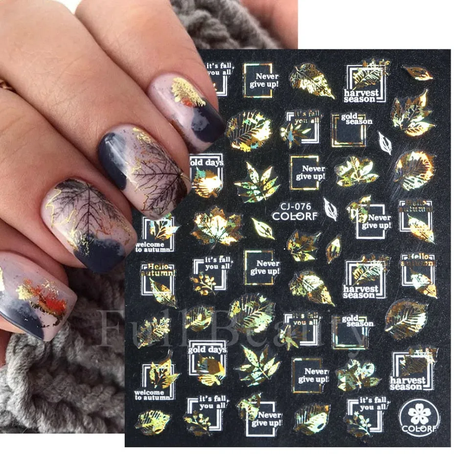 Manicure Stickers White Laser Gold Fall Leaves Decals Sliders Nail Art Decor