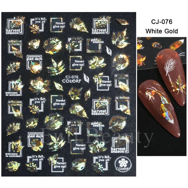 Manicure Stickers White Laser Gold Fall Leaves Decals Sliders Nail Art Decor