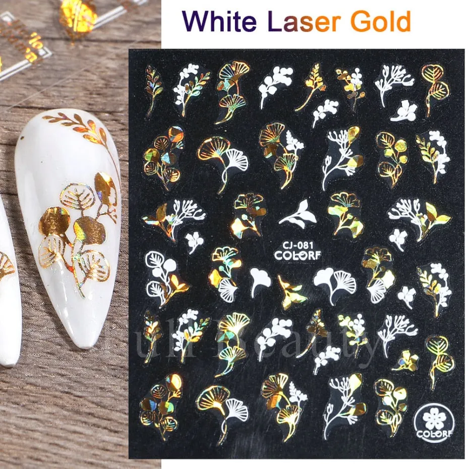Manicure Stickers White Laser Gold Fall Leaves Decals Sliders Nail Art Decor