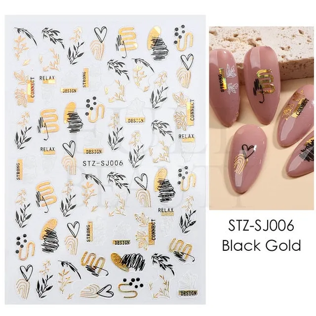 Manicure Stickers White Laser Gold Fall Leaves Decals Sliders Nail Art Decor