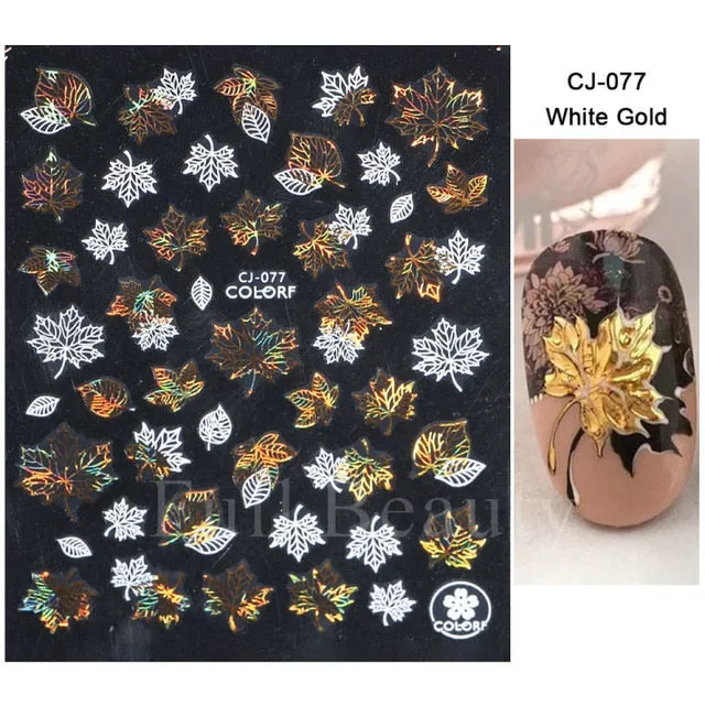 Manicure Stickers White Laser Gold Fall Leaves Decals Sliders Nail Art Decor