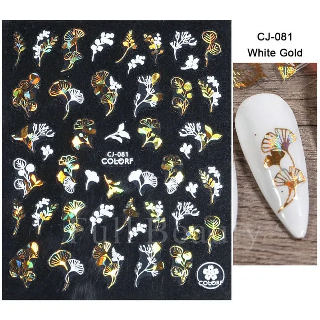 Manicure Stickers White Laser Gold Fall Leaves Decals Sliders Nail Art Decor