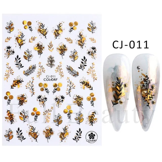 Manicure Stickers White Laser Gold Fall Leaves Decals Sliders Nail Art Decor