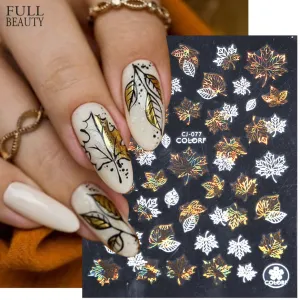 Manicure Stickers White Laser Gold Fall Leaves Decals Sliders Nail Art Decor
