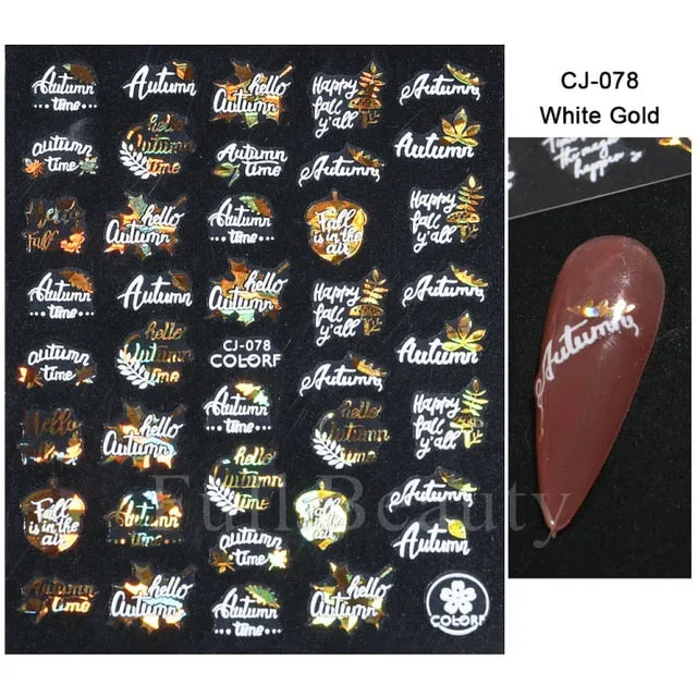 Manicure Stickers White Laser Gold Fall Leaves Decals Sliders Nail Art Decor