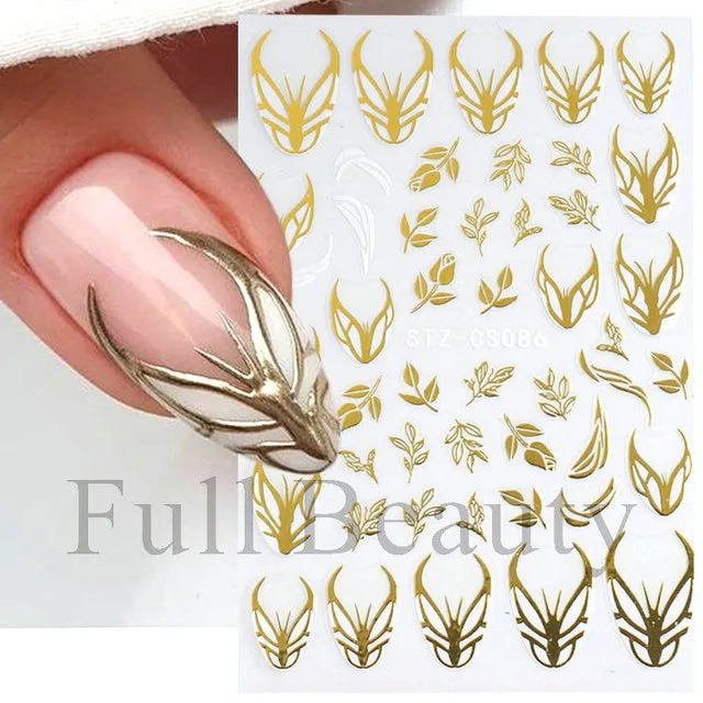 Manicure Stickers White Laser Gold Fall Leaves Decals Sliders Nail Art Decor
